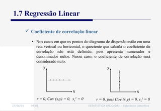 27/06/16 04:01 ESTATÍSTICA APLICADA I - Estatística Descritiva
1.7 Regressão Linear
 Coeficiente de correlação linear
• Nos casos em que os pontos do diagrama de dispersão estão em uma
reta vertical ou horizontal, o quociente que calcula o coeficiente de
correlação não está definido, pois apresenta numerador e
denominador nulos. Nesse caso, o coeficiente de correlação será
considerado nulo.
r = 0, Cov (x,y) = 0, sy
2
= 0
y
x
r = 0, pois Cov (x,y) = 0, sx
2
= 0
y
x
 