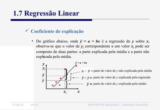 27/06/16 04:01 ESTATÍSTICA APLICADA I - Estatística Descritiva
1.7 Regressão Linear
 Coeficiente de explicação
• Do gráfico abaixo, onde ŷ = a + bx é a regressão de y sobre x,
observa-se que o valor de yi correspondente a um valor xi pode ser
composto de duas partes: a parte explicada pela média e a parte não
explicada pela média.
y
=y parte do valor de y explicada pela média
parte do valor de y explicada pela regressão=− yyˆ
parte do valor de y não explicada pela média=− yˆyi
}
xxi
yi
ŷ
y
}
}
ŷ = a + bx
 