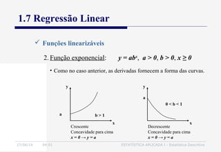 27/06/16 04:01 ESTATÍSTICA APLICADA I - Estatística Descritiva
1.7 Regressão Linear
 Funções linearizáveis
2. Função exponencial: y = abx
, a > 0, b > 0, x ≥ 0
• Como no caso anterior, as derivadas fornecem a forma das curvas.
a b > 1
Crescente
Concavidade para cima
x = 0 → y = a
x
y
0 < b < 1
Decrescente
Concavidade para cima
x = 0 → y = a
x
y
a
 