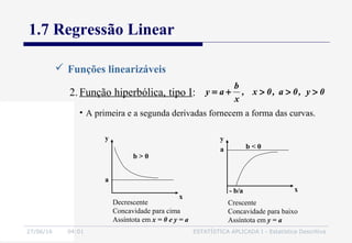 27/06/16 04:01 ESTATÍSTICA APLICADA I - Estatística Descritiva
1.7 Regressão Linear
 Funções linearizáveis
2. Função hiperbólica, tipo I:
• A primeira e a segunda derivadas fornecem a forma das curvas.
0y,0a,0x,
x
b
ay >>>+=
b > 0
Decrescente
Concavidade para cima
Assíntota em x = 0 e y = a
x
y
a
x
Crescente
Concavidade para baixo
Assíntota em y = a
y
a b < 0
- b/a
 