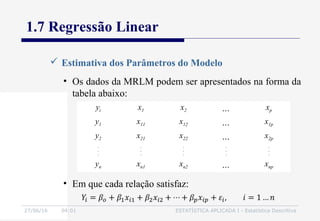 27/06/16 04:01 ESTATÍSTICA APLICADA I - Estatística Descritiva
1.7 Regressão Linear
• Os dados da MRLM podem ser apresentados na forma da
tabela abaixo:
 Estimativa dos Parâmetros do Modelo
yi x1 x2 ... xp
y1 x11 x12 ... x1p
y2 x21 x22 ... x2p
.
.
.
.
.
.
.
.
.
.
.
.
.
.
.
yn xn1 xn2 ... xnp
• Em que cada relação satisfaz:
 