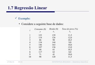 27/06/16 04:01 ESTATÍSTICA APLICADA I - Estatística Descritiva
1.7 Regressão Linear
• Considere a seguinte base de dados:
 Exemplo:
i
Consumo ($)
y
Renda ($)
x1
Taxa de juros (%)
x2
1
2
3
4
5
6
7
8
9
10
122
114
86
134
146
107
68
117
71
98
139
126
90
144
163
136
61
62
41
120
11,5
12,0
10,5
9,0
10,0
12,0
10,5
8,0
10,0
11,5
 