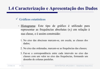 27/06/16 04:01 ESTATÍSTICA APLICADA I - Estatística Descritiva
1.4 Caracterização e Apresentação dos Dados
 Gráficos estatísticos
- Histograma: Este tipo de gráfico é utilizado para
representar as frequências absolutas (ni) em relação à
sua classe, e é assim construído:
1. No eixo das abscissas marcam-se, em escala, as classes dos
dados;
2. No eixo das ordenadas, marcam-se as frequências das classes;
3. Faz-se a correspondência entre cada intervalo no eixo das
classes com um valor no eixo das frequências, formando um
desenho de colunas paralelas.
 