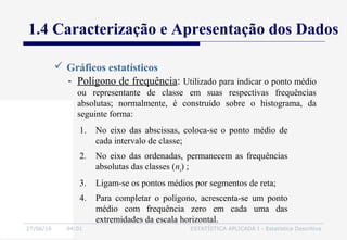 27/06/16 04:01 ESTATÍSTICA APLICADA I - Estatística Descritiva
1.4 Caracterização e Apresentação dos Dados
 Gráficos estatísticos
1. No eixo das abscissas, coloca-se o ponto médio de
cada intervalo de classe;
2. No eixo das ordenadas, permanecem as frequências
absolutas das classes (ni) ;
3. Ligam-se os pontos médios por segmentos de reta;
4. Para completar o polígono, acrescenta-se um ponto
médio com frequência zero em cada uma das
extremidades da escala horizontal.
- Polígono de frequência: Utilizado para indicar o ponto médio
ou representante de classe em suas respectivas frequências
absolutas; normalmente, é construído sobre o histograma, da
seguinte forma:
 