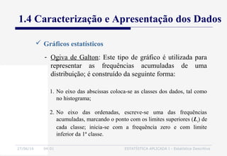 27/06/16 04:01 ESTATÍSTICA APLICADA I - Estatística Descritiva
1.4 Caracterização e Apresentação dos Dados
 Gráficos estatísticos
- Ogiva de Galton: Este tipo de gráfico é utilizada para
representar as frequências acumuladas de uma
distribuição; é construído da seguinte forma:
1. No eixo das abscissas coloca-se as classes dos dados, tal como
no histograma;
2. No eixo das ordenadas, escreve-se uma das frequências
acumuladas, marcando o ponto com os limites superiores (Li) de
cada classe; inicia-se com a frequência zero e com limite
inferior da 1ª classe.
 