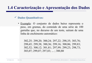 27/06/16 04:01 ESTATÍSTICA APLICADA I - Estatística Descritiva
1.4 Caracterização e Apresentação dos Dados
• Exemplo: O conjunto de dados baixo representa o
peso, em gramas, do conteúdo de uma série de 100
garrafas que, no decurso de um teste, saíram de uma
linha de enchimento automático:
302,25; 299,20; 300,24; 297,22; 298,35; 303,76;
298,65; 299,38; 300,36; 299,16; 300,86; 299,83;
302,52; 300,12; 301,81; 297,99; 299,23; 298,73;
303,07; 299,07; 297,83; ... ; 300,80
 Dados Quantitativos:
 