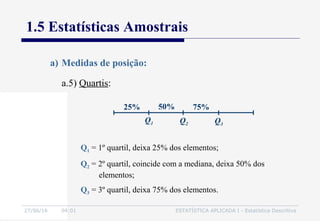 27/06/16 04:01 ESTATÍSTICA APLICADA I - Estatística Descritiva
1.5 Estatísticas Amostrais
a.5) Quartis:
a) Medidas de posição:
Q1 = 1º quartil, deixa 25% dos elementos;
Q2 = 2º quartil, coincide com a mediana, deixa 50% dos
elementos;
Q3 = 3º quartil, deixa 75% dos elementos.
50% 75%25%
Q1 Q2 Q3
 