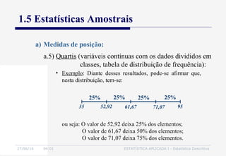 27/06/16 04:01 ESTATÍSTICA APLICADA I - Estatística Descritiva
1.5 Estatísticas Amostrais
a) Medidas de posição:
• Exemplo: Diante desses resultados, pode-se afirmar que,
nesta distribuição, tem-se:
25% 25%25%25%
52,92 61,67 71,0735 95
ou seja: O valor de 52,92 deixa 25% dos elementos;
O valor de 61,67 deixa 50% dos elementos;
O valor de 71,07 deixa 75% dos elementos.
a.5) Quartis (variáveis contínuas com os dados divididos em
classes, tabela de distribuição de frequência):
 