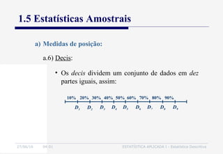 27/06/16 04:01 ESTATÍSTICA APLICADA I - Estatística Descritiva
1.5 Estatísticas Amostrais
a.6) Decis:
a) Medidas de posição:
• Os decis dividem um conjunto de dados em dez
partes iguais, assim:
D1
90%80%70%60%50%40%30%20%10%
D2 D3 D4 D5 D6 D7 D8 D9
 