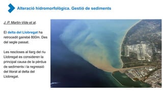 J. P. Martin-Vide et al.
El delta del Llobregat ha
retrocedit gairebé 800m. Des
del segle passat.
Les rescloses al llarg del riu
Llobregat es consideren la
principal causa de la pèrdua
de sediments i la regressió
del litoral al delta del
Llobregat.
Alteració hidromorfològica. Gestió de sediments
 