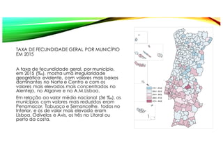 TAXA DE FECUNDIDADE GERAL POR MUNICÍPIO
EM 2015
A taxa de fecundidade geral, por município,
em 2015 (‰), mostra uma irregularidade
geográfica evidente, com valores mais baixos
dominantes no Norte e Centro e com os
valores mais elevados mais concentrados no
Alentejo, no Algarve e na A.M.Lisboa.
Em relação ao valor médio nacional (36 ‰), os
municípios com valores mais reduzidos eram
Penamacor, Tabuaço e Sernancelhe, todos no
Interior, e os de valor mais elevado eram
Lisboa, Odivelas e Avis, os três no Litoral ou
perto da costa.
 