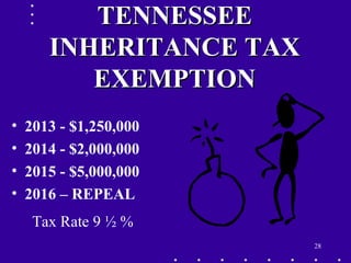 28
TENNESSEETENNESSEE
INHERITANCE TAXINHERITANCE TAX
EXEMPTIONEXEMPTION
• 2013 - $1,250,000
• 2014 - $2,000,000
• 2015 - $5,000,000
• 2016 – REPEAL
Tax Rate 9 ½ %
 