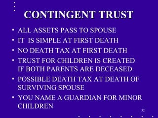 32
• ALL ASSETS PASS TO SPOUSE
• IT IS SIMPLE AT FIRST DEATH
• NO DEATH TAX AT FIRST DEATH
• TRUST FOR CHILDREN IS CREATED
IF BOTH PARENTS ARE DECEASED
• POSSIBLE DEATH TAX AT DEATH OF
SURVIVING SPOUSE
• YOU NAME A GUARDIAN FOR MINOR
CHILDREN
CONTINGENT TRUSTCONTINGENT TRUST
 