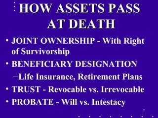 7
HOW ASSETS PASSHOW ASSETS PASS
AT DEATHAT DEATH
• JOINT OWNERSHIP - With Right
of Survivorship
• BENEFICIARY DESIGNATION
–Life Insurance, Retirement Plans
• TRUST - Revocable vs. Irrevocable
• PROBATE - Will vs. Intestacy
 