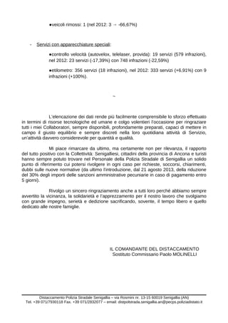 ●veicoli rimossi: 1 (nel 2012: 3 → -66,67%)
- Servizi con apparecchiature speciali:
●controllo velocità (autovelox, telelaser, provida): 19 servizi (579 infrazioni),
nel 2012: 23 servizi (-17,39%) con 748 infrazioni (-22,59%)
●etilometro: 356 servizi (18 infrazioni), nel 2012: 333 servizi (+6,91%) con 9
infrazioni (+100%).
~
L’elencazione dei dati rende più facilmente comprensibile lo sforzo effettuato
in termini di risorse tecnologiche ed umane e colgo volentieri l’occasione per ringraziare
tutti i miei Collaboratori, sempre disponibili, profondamente preparati, capaci di mettere in
campo il giusto equilibrio e sempre discreti nella loro quotidiana attività di Servizio,
un’attività davvero considerevole per quantità e qualità.
Mi piace rimarcare da ultimo, ma certamente non per rilevanza, il rapporto
del tutto positivo con la Collettività: Senigalliesi, cittadini della provincia di Ancona e turisti
hanno sempre potuto trovare nel Personale della Polizia Stradale di Senigallia un solido
punto di riferimento cui potersi rivolgere in ogni caso per richieste, soccorsi, chiarimenti,
dubbi sulle nuove normative (da ultimo l’introduzione, dal 21 agosto 2013, della riduzione
del 30% degli importi delle sanzioni amministrative pecuniarie in caso di pagamento entro
5 giorni).
Rivolgo un sincero ringraziamento anche a tutti loro perché abbiamo sempre
avvertito la vicinanza, la solidarietà e l’apprezzamento per il nostro lavoro che svolgiamo
con grande impegno, serietà e dedizione sacrificando, sovente, il tempo libero e quello
dedicato alle nostre famiglie.
IL COMANDANTE DEL DISTACCAMENTO
Sostituto Commissario Paolo MOLINELLI
Distaccamento Polizia Stradale Senigallia – via Rosmini nr. 13-15 60019 Senigallia (AN)
Tel. +39 071/7930118 Fax. +39 071/2832077 – email: distpolstrada.senigallia.an@pecps.poliziadistato.it
 