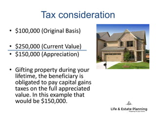 Tax consideration
• $100,000 (Original Basis)
• $250,000 (Current Value)
• $150,000 (Appreciation)
• Gifting property during your
lifetime, the beneficiary is
obligated to pay capital gains
taxes on the full appreciated
value. In this example that
would be $150,000.
 