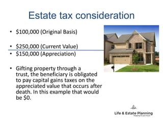Estate tax consideration
• $100,000 (Original Basis)
• $250,000 (Current Value)
• $150,000 (Appreciation)
• Gifting property through a
trust, the beneficiary is obligated
to pay capital gains taxes on the
appreciated value that occurs after
death. In this example that would
be $0.
 