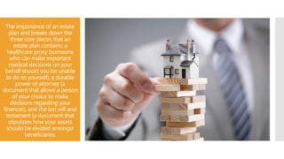 The importance of an estate
plan and breaks down the
three core pieces that an
estate plan contains: a
healthcare proxy (someone
who can make important
medical decisions on your
behalf should you be unable
to do so yourself), a durable
power of attorney (a
document that allows a person
of your choice to make
decisions regarding your
finances), and the last will and
testament (a document that
stipulates how your assets
should be divided amongst
beneficiaries.
 