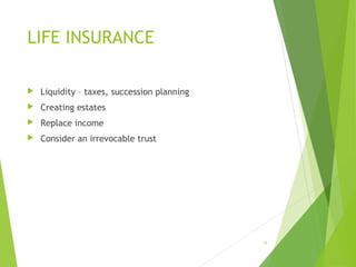 LIFE INSURANCE
 Liquidity – taxes, succession planning
 Creating estates
 Replace income
 Consider an irrevocable trust
24
 