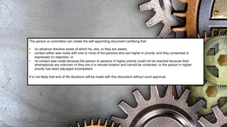The person or committee can create the self appointing document certifying that:
• no advance directive exists of which he, she, or they are aware;
• contact either was made with one or more of the persons who are higher in priority, and they consented or
expressed no objection; or
• no contact was made because the person or persons in higher priority could not be reached because their
whereabouts are unknown or they are in a remote location and cannot be contacted, or the person in higher
priority has been adjudged incompetent.
It is not likely that end of life decisions will be made with this document without court approval.
 