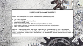 PRIORITY DEBTS AGAINST AN ESTATE
Certain debts of the estate have priority and are payable in the following order:
• The funeral expenses;
• The fees and charges of administration;
• Expenses of the last illness;
• Taxes assessed on the estate of the decedent prior to his or her death;
• Debts due to employees for services rendered the year of the death of the decedent;
• Other debts of the decedent.
Medicaid is now a special creditor of an estate due to Medicaid Estate Recovery. In 2019 a law passed in
Alabama requiring The Alabama Medicaid Agency to be notified of every probate filed in the state to allow the
agency an opportunity to check agency records to see if the deceased ever received Medicaid benefits subject to
estate recovery.
 
