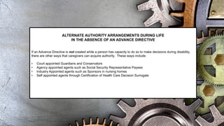 ALTERNATE AUTHORITY ARRANGEMENTS DURING LIFE
IN THE ABSENCE OF AN ADVANCE DIRECTIVE
If an Advance Directive is not created while a person has capacity to do so to make decisions during disability,
there are other ways that caregivers can acquire authority. These ways include:
• Court appointed Guardians and Conservators
• Agency appointed agents such as Social Security Representative Payees
• Industry Appointed agents such as Sponsors in nursing homes
• Self appointed agents through Certification of Health Care Decision Surrogate
 