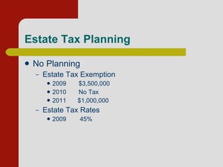 Estate Tax Planning  No Planning Estate Tax Exemption 2009          $3,500,000 2010          No Tax 2011   $1,000,000 Estate Tax Rates 2009  45% 