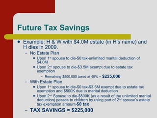 Future Tax Savings Example: H & W with $4.0M estate (in H’s name) and H dies in 2009. No Estate Plan Upon 1 st  spouse to die-$0 tax-unlimited marital deduction of $4.0M Upon 2 nd  spouse to die-$3.5M exempt due to estate tax exemption Remaining $500,000 taxed at 45% =  $225,000 With Estate Plan Upon 1 st  spouse to die-$0 tax-$3.5M exempt due to estate tax exemption and $500K due to marital deduction Upon 2 nd  Spouse to die-$500K (as a result of the unlimited marital deduction) passes to children by using part of 2 nd  spouse’s estate tax exemption amount- $0 tax TAX SAVINGS = $225,000 