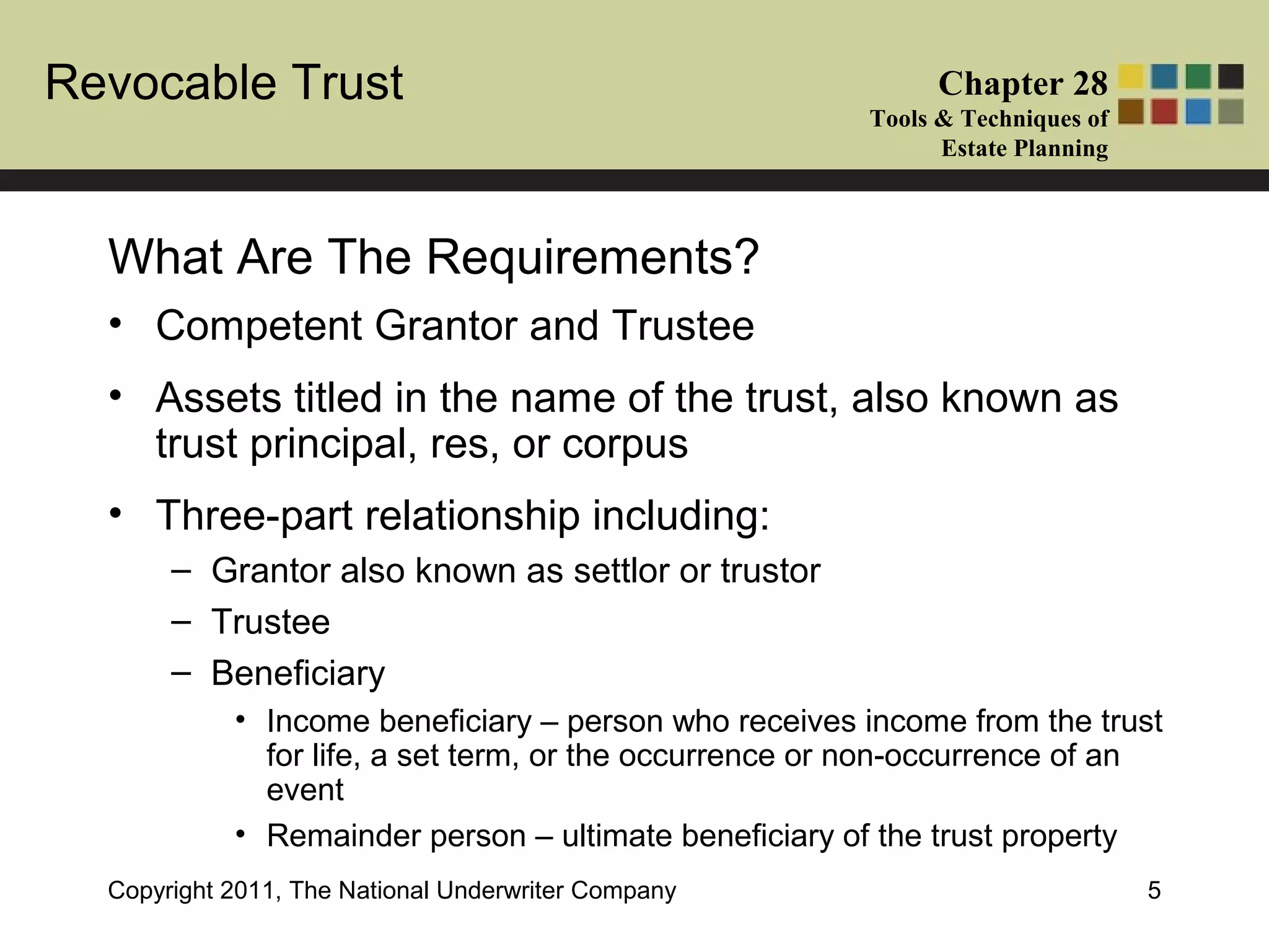 Revocable Trust Chapter 28
Tools & Techniques of
Estate Planning
Copyright 2011, The National Underwriter Company 5
• Competent Grantor and Trustee
• Assets titled in the name of the trust, also known as
trust principal, res, or corpus
• Three-part relationship including:
– Grantor also known as settlor or trustor
– Trustee
– Beneficiary
• Income beneficiary – person who receives income from the trust
for life, a set term, or the occurrence or non-occurrence of an
event
• Remainder person – ultimate beneficiary of the trust property
What Are The Requirements?
 
