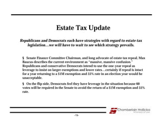 Estate Tax Update
Republicans and Democrats each have strategies with regard to estate tax
    legislation…we will have to wait to see which strategy prevails.


 § Senate Finance Committee Chairman, and long advocate of estate tax repeal, Max
 Baucus describes the current environment as “massive, massive confusion.”
 Republicans and conservative Democrats intend to use the one-year repeal as
 leverage to insist on larger exemptions and lower rates…certainly if repeal is intact
 for a year returning to a $1M exemption and 55% rate in an election year would be
 unacceptable.
 § On the flip side, Democrats feel they have leverage in the situation because 60
 votes will be required in the Senate to avoid the return of a $1M exemption and 55%
 rate.




                                    -19-
 