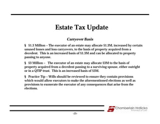 Estate Tax Update
                             Carryover Basis
§ $1.3 Million – The executor of an estate may allocate $1.3M, increased by certain
unused losses and loss carryovers, to the basis of property acquired from a
decedent. This is an increased basis of $1.3M and can be allocated to property
passing to anyone.
§ $3 Million – The executor of an estate may allocate $3M to the basis of
property acquired from a decedent passing to a surviving spouse, either outright
or in a QTIP trust. This is an increased basis of $3M.
§ Practice Tip – Wills should be reviewed to ensure they contain provisions
which would allow executors to make the aforementioned elections as well as
provisions to exonerate the executor of any consequences that arise from the
elections.




                                  -25-
 