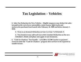 Tax Legislation – Vehicles

§ Sales Tax Deduction for New Vehicles – Eligible taxpayers may deduct the sales
tax paid on the cost of new automobiles, motor homes, light trucks and
motorcycles purchased (not leased) after February 16, 2009 and before January 1,
2010.
    § Treat as an itemized deduction on Line 5 or Line 7 of Schedule A
    § Non-itemizers may add such tax to their standard deduction on the new
    Schedule L (limits and phase outs apply to non-itemizers).
§ “Cash for Clunkers” Not Taxable – A $3,500 or $4,500 voucher or payment
received under the “Cash for Clunkers” program does not have to be reported as
taxable income.




                                 -5-
 