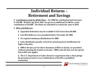Individual Returns –
                 Retirement and Savings
§ Contribution Limit for 401(k) Plans – For 2009 the contribution limit increases
to $16,500. Workers age 50 or older can put in an additional $5,500 for a total
contribution of $22,000. The limits are scheduled to remain the same in 2010.
§ IRAs and Rollovers –
     § Expanded deductions may be available if AGI is less than $65,000.
     § Late IRA Rollovers were permitted before November 30, 2009.
     § No required minimum distributions for 2009.
     § Early distribution penalty waived for period payment modification for
     higher education.
     § 2009 is the last year for direct donations of IRAs to charity are permitted
     without reporting the transfer as income. 2009 is also the last year the special
     Enron IRA rule applies.
     § The U.S. Department of Labor deemed a requirement that a client pledge
     his personal account to cover indebtedness of his IRA a prohibited
     transaction.


                                   -7-
 
