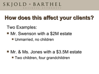 How does this affect your clients? Two Examples: Mr. Swenson with a $2M estate Unmarried, no children Mr. & Ms. Jones with a $3.5M estate Two children, four grandchildren 