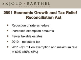 2001 Economic Growth and Tax Relief Reconciliation Act Reduction of rate schedule Increased exemption amounts Fewer taxable estates 2010 – no estate tax 2011 - $1 million exemption and maximum rate of 60% (55% +5%) 