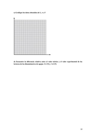 10 
c) Grafique los datos obtenidos de L1 vs. F 
d) Encuentre la diferencia relativa entre el valor teórico y el valor experimental de las lecturas de los dinamómetros de agujas L1 (N) y L2 (N) 
 