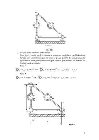 6 
FIG A10 
2. Cálculo de las tensiones en las barras 
Cada junta o unión puede considerarse como una partícula en equilibrio si sus 
fuerzas son concurrentes; por lo tanto se puede escribir las condiciones de 
equilibrio de cada junta comenzando por aquellas que presente un máximo de 
dos fuerzas desconocidas: 
Junta B 
cos45 0 0 
3 1 F   f  f  x 45 0 0 
1 F  N  f sen  y f 1.4F 1  f  F 3 
Junta A 
cos45 0 0 
1 F  F  f  x 45 0 2 
0 
1 F  f sen  f  y f 1.4F 1  f  F 2 
FIG A11 
 