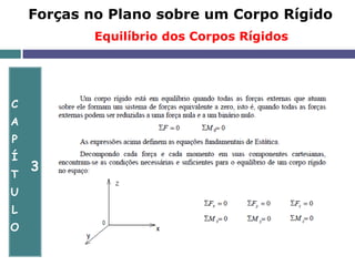 C
A
P
Í
T
U
L
O
3
Forças no Plano sobre um Corpo Rígido
Equilíbrio dos Corpos Rígidos
 
