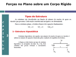 C
A
P
Í
T
U
L
O
3
Forças no Plano sobre um Corpo Rígido
Tipos de Estrutura
1- Estrutura hipostática
 
