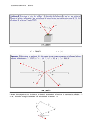 Problemas de Estática. J. Martín
SOLUCIÓN
SOLUCIÓN
Gráfica. Se dibuja a escala la suma de las fuerzas. Midiendo el módulo de la resultante se obtiene F =
49 N ; midiendo el ángulo que forma con la horizontal es obtiene 26º
Problema 2 Determinar el valor del módulo y la dirección de la fuerza F2 que hay que aplicar al
bloque de la figura adjunta para que la resultante de ambas fuerzas sea una fuerza vertical de 900 N si
el módulo de la fuerza F1 es de 500 N.
Problema 3 Determinar la resultante del sistema de fuerzas concurrentes que se indica en la figura
adjunta sabiendo que F1 = 150 N , F 2 = 200 N , F3 = 80 N y F4 = 180 N.
x
y
F2
F1
F3
F4
60º
30º
45º
30º
F2 = 544,8 N ; α = 29,1º
F
α
F1
F2
F3
F4
F1
F2
α 32º
 