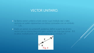 VECTOR UNITARIO.
 Se llama vector unitario a todo vector cuyo módulo sea 1, tales
vectores se suelen representar con letras coronadas con un símbolo
"^": î, û, ...
 Dado un vector no unitario F, podemos definir a partir de él otro
vector con su misma dirección pero unitario, sin más que tomar: F/F,
es decir, multiplicando a F por el inverso de su módulo, 1/F.
 