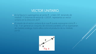 VECTOR UNITARIO.
 En la figura 4, supongamos al vector F , o bien OP, teniendo de
módulo F. Entonces el vector û = (1/F) F , representa un vector
unitario en la dirección de F.
 El interés de el vector unitario û es que F puede expresarse como F =
F û . Y en general un conjunto de vectores paralelos a F se expresarían
de manera análoga, todos ellos como el producto de su módulo
por û.
 