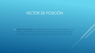 VECTOR DE POSICIÓN
 vector de posición ó vector posición de un cuerpo respecto a un
sistema de referencia se define como el vector que une el lugar
ocupado por el cuerpo con el origen del sistema de referencia.
 