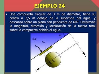 EJEMPLO 24
• Una compuerta circular de 3 m de diámetro, tiene su
  centro a 2,5 m debajo de la superficie del agua, y
  de...