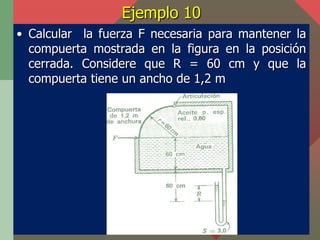 Ejemplo 10
• Calcular la fuerza F necesaria para mantener la
  compuerta mostrada en la figura en la posición
  cerrada. C...