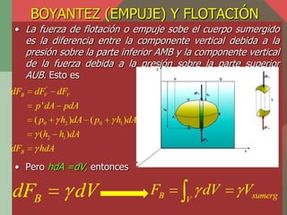 BOYANTEZ (EMPUJE) Y FLOTACIÓN
• La fuerza de flotación o empuje sobe el cuerpo sumergido
      es la diferencia entre la c...