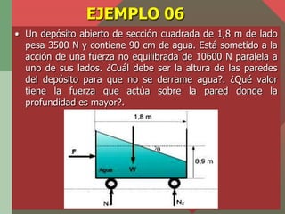 EJEMPLO 06
• Un depósito abierto de sección cuadrada de 1,8 m de lado
  pesa 3500 N y contiene 90 cm de agua. Está sometid...
