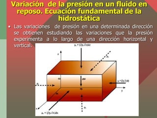 Variación de la presión en un fluido en
  reposo. Ecuación fundamental de la
              hidrostática
• Las variaciones ...