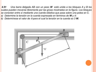 4.51    Una barra delgada AB con un peso W está unida a los bloques A y B los
cuales pueden moverse libremente por las grúas mostradas en la figura. Los bloques
se conectan entre sí mediante una cuerda elástica que pasa sobre una polea en C.
a) Determine la tensión en la cuerda expresada en términos de W y ϴ.
b) Determínese el valor de ϴ para el cual la tensión en la cuerda es 3 W.
 