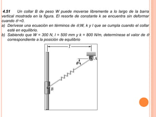 4.51     Un collar B de peso W puede moverse libremente a lo largo de la barra
vertical mostrada en la figura. El resorte de constante k se encuentra sin deformar
cuando ϴ =0.
a) Derívese una ecuación en términos de ϴ,W, k y l que se cumpla cuando el collar
    esté en equilibrio.
b) Sabiendo que W = 300 N, l = 500 mm y k = 800 N/m, determínese el valor de ϴ
    correspondiente a la posición de equilibrio
 